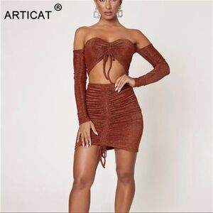 Nwot burnt orange glitter long sleeve two piece skirt set ruched top